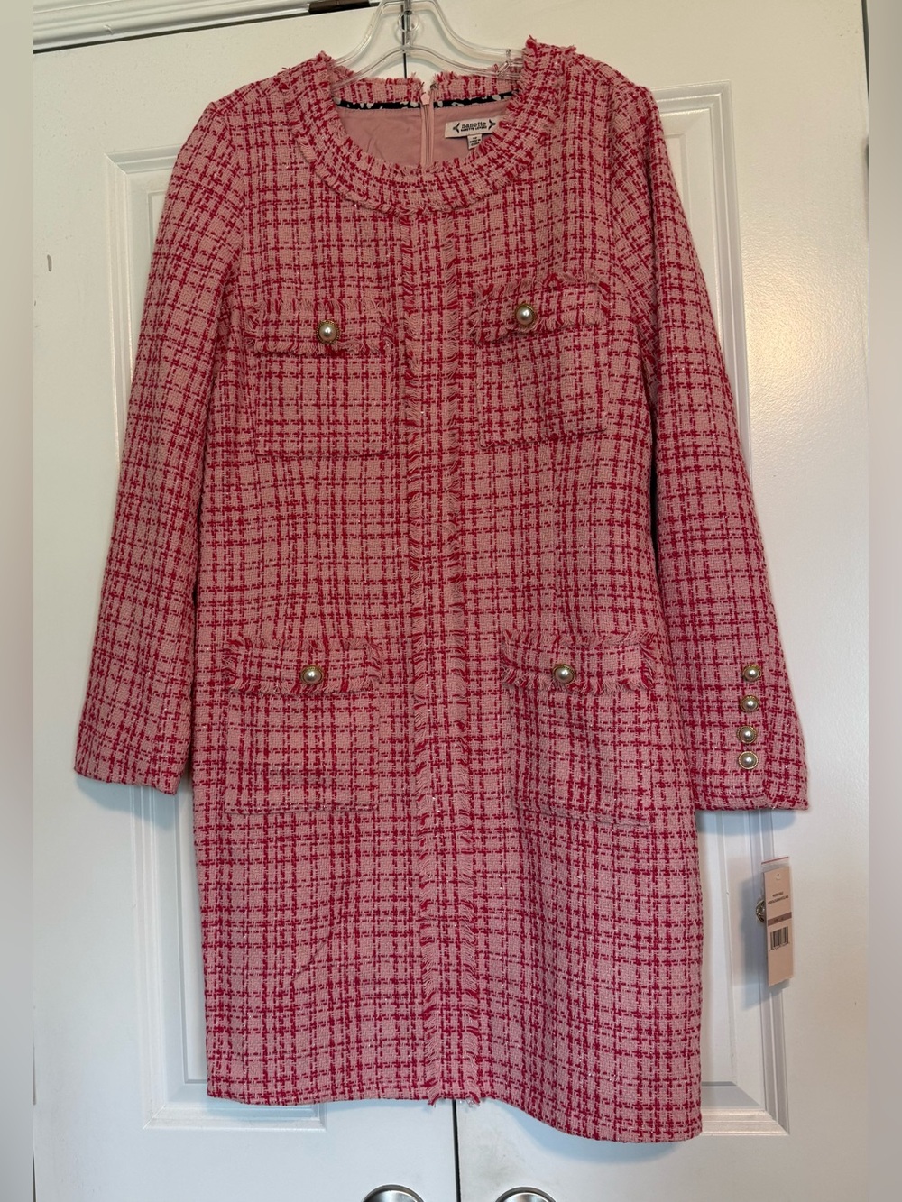 NWT Nanette Lapore SZ 12 Pink Tweed Long Sleeve Dress Faux Pearl Buttons